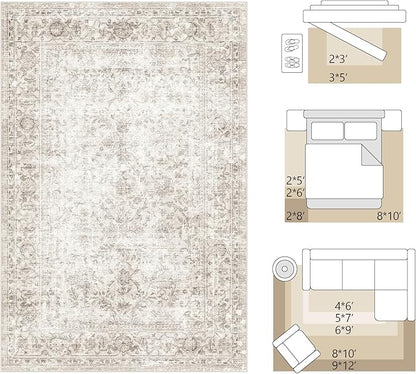 FMFUNCTEX 3x10 Runner Rug Beige Washable Vintage Neutral Distressed Non Slip Low Pile Indoor Carpet Soft Retro Floral Hallway Entryway Rug for Kitchen Living Room Bedroom Bathroom Laundry Bedside