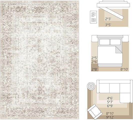 FMFUNCTEX 3x4 Washable Area Rug Beige Vintage Neutral Non Slip Low Pile Traditional Retro Indoor Carpet for Entryway Entrance Soft Floral Throw Rug Living Room Bedroom Kitchen Dining Office Laundry