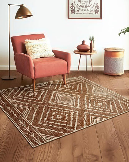 Area Rug 3x5 Rug Low Pile Print Pattern Machine Washable Non-Slip Western Rug for Living Room Bedroom Entryway Tribal Series -Yellowbrown/Cream