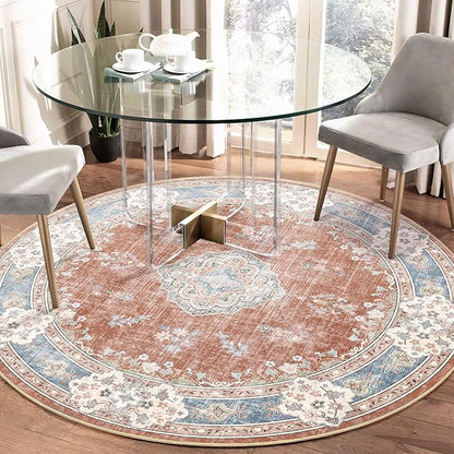 MUJOO Boho Round Rug 5ft,Circle Washable Area Rugs for Bedroom Living Room Bathroom, Large Vintage Distressed Non Slip Circular Carpet,Orange Navy Blue Floral