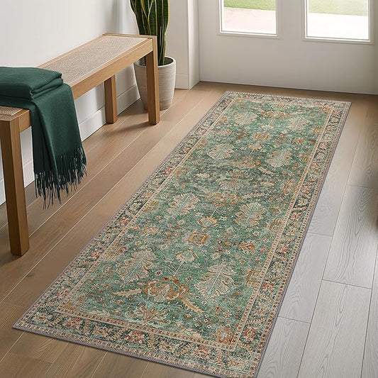 Bavni Runner Rug, Machine Washable Rugs for Bedroom 2x7, Non Slip Boho Rugs with Rubber Backing, Ultra-Thin Folable Rug Runner for Hallways Bathroom, Sage/Gold