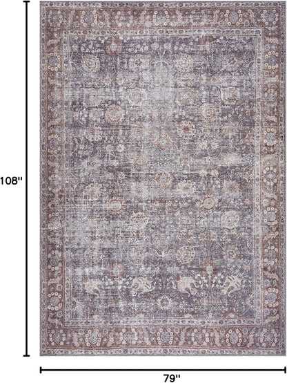 Bloom Rugs Washable 6' x 9' Rug - Brown/Dark Gray Traditional Area Rug for Living Room, Bedroom, Dining Room, and Kitchen - Exact Size: 6' x 9'