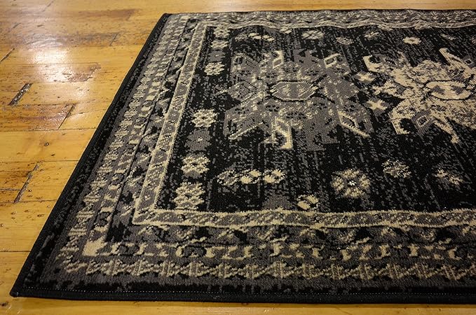 Unique Loom Taftan Collection Border Geometric Tribal Inspired Design Area Rug (2' 11 x 16' 5 Runner, Black/ Gray)