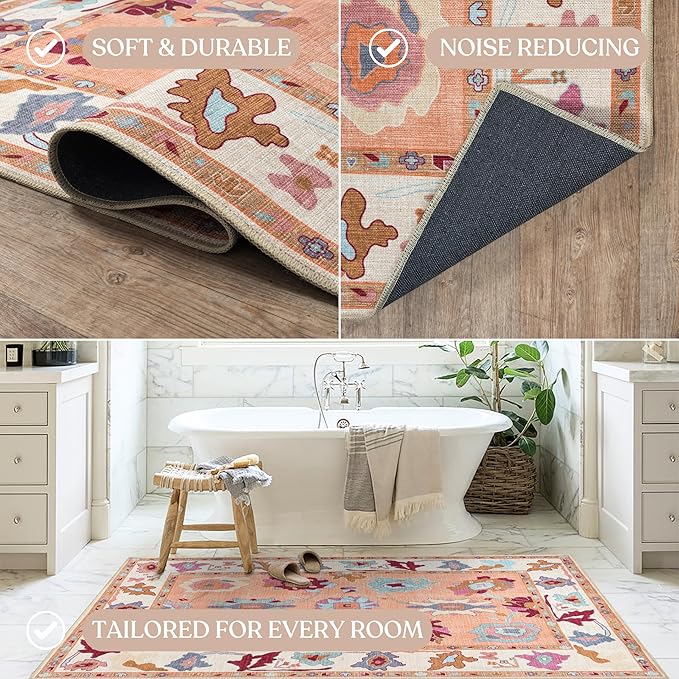 Fame Living Orange Oushak Rug, Vintage Turkish Eclectic Floral Sweet Pastel Large Runner Rugs for Hallway Kitchen Living Room Dining Bedroom Kitchen Bathroom 2'5"x13'