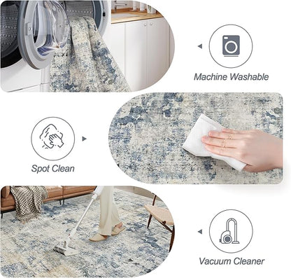 Abstract Rug 5x7 Machine Washable Area Indoor Blue Yellow Low Pile Non-Slip Foldable Thin Accent Rugs for Bedroom Living Room Dining Room