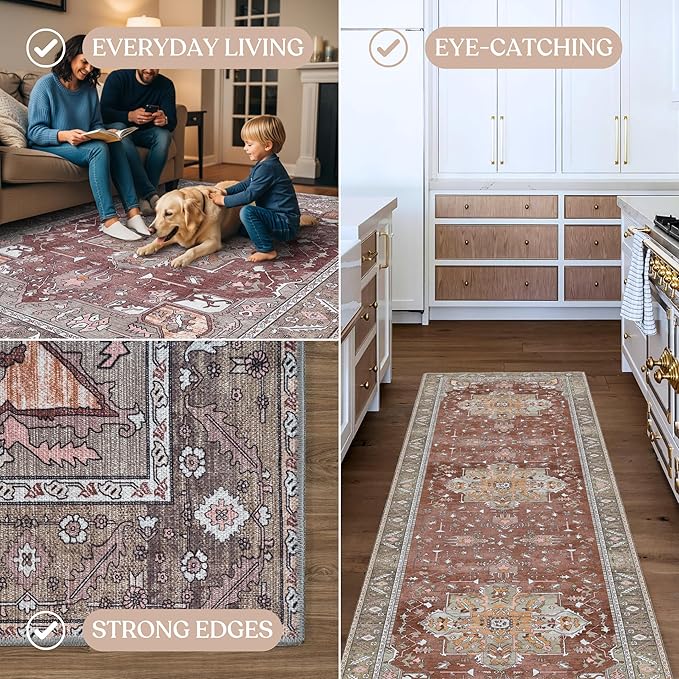 Washable Area Rug. Modern Farmhouse. Vintage. Turkish. Bohemian. Distressed. Oriental. Traditional. Rugs for Living Room. Dining. Bedroom. Office. Entryway. Foyer. (857RB, 2'5" x 13')