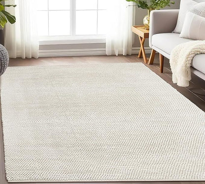 Handwoven Wool Cotton Blend Area Rug 8x10', Textured Popcorn Braided Ivory Rug, Soft Thick Farmhouse Contemporary Living Room Carpet, Neutral Modern Decorative Floor Rug