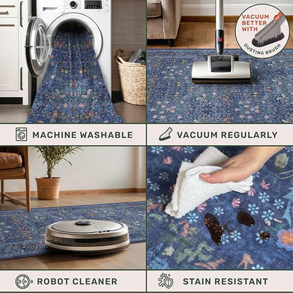 Washable Dining Room Rugs for Under Table - 7x9 Dark Blue Oriental Area Rug for Living Room, Low Pile Non-Slip Floor Carpet for Bedroom Under Bed - Vintage Design & Stain Resistance (7x9 Dark Blue)