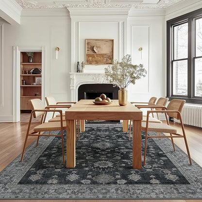 GENIMO Machine Washable 9x12 Area Rugs for Living Room, Non Slip Vintage Rugs, Low Pile Lightweight Chenille Print Rug for Bedroom, Dining Room, Home Office, Charcoal