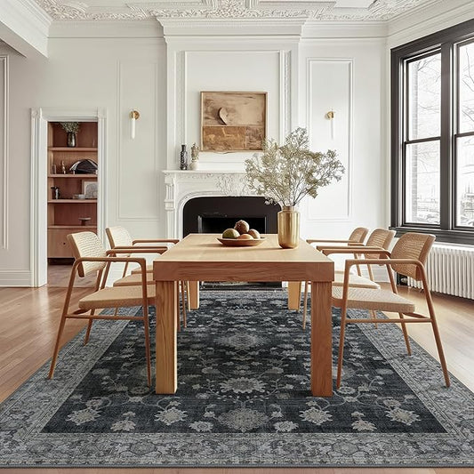 GENIMO Machine Washable 8x10 Area Rugs for Living Room, Non Slip Vintage Rugs, Low Pile Lightweight Chenille Print Rug for Bedroom, Dining Room, Home Office, Charcoal