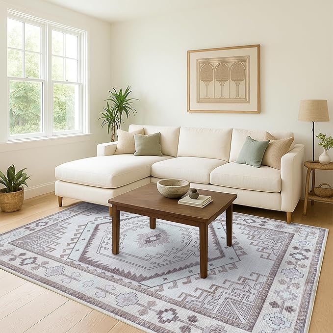 Fame Living Washable Area Rug. Modern Farmhouse. Vintage. Turkish. Bohemian. Distressed. Oriental. Traditional. Rugs for Living Room. Dining. Bedroom. Office. Entryway. Foyer. (856BrC, 7'5" x 9'8")