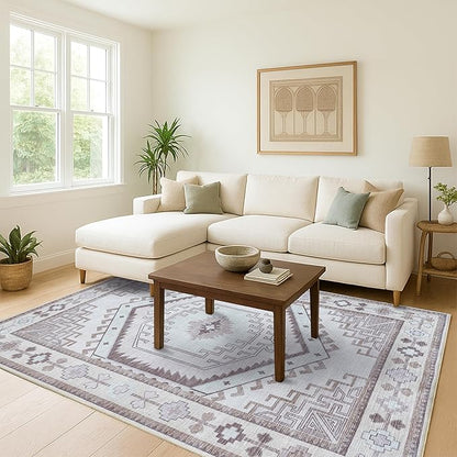 Fame Living Washable Area Rug. Modern Farmhouse. Vintage. Turkish. Bohemian. Distressed. Oriental. Traditional. Rugs for Living Room. Dining. Bedroom. Office. Entryway. Foyer. (856BrC, 5'9" x 8'9")