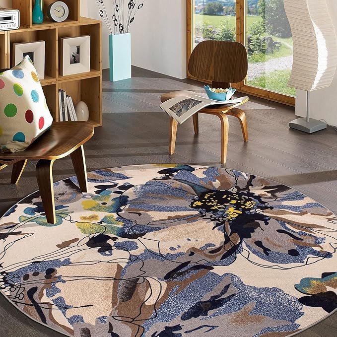 Rugshop Cream Bright Flowers Non Slip Non-Shedding Round Area Rug for Living Room, Dining Room and Bedroom, 8'