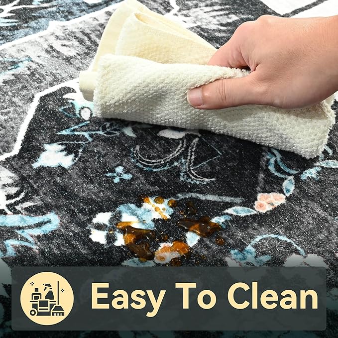 YJ.GWL Area Rugs for Living Room 9x12 Machine Washable Rugs, Non Slip Floral Vintage Rug Indoor Carpet, Stain Resistant Large Rug for Bedroom Dining Room, Black Grey Blue