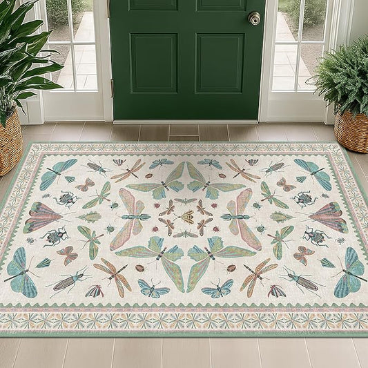 Washable Sage Green Large Entryway Rug, 3x4 Area Rugs for Laundry Room, Kitchen, Bedroom, Dorm, Insect Print Vintage Floral Non-Slip Throw Rug Low Pile Stain Resistance