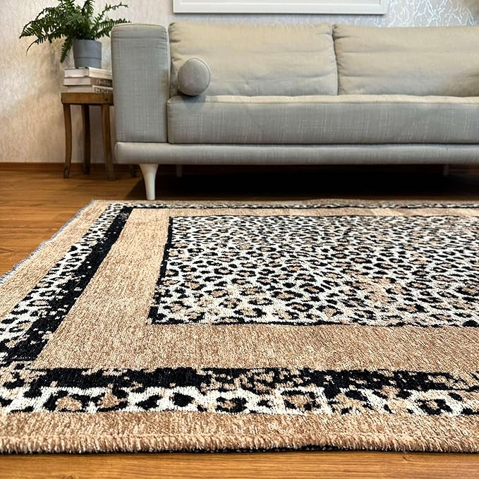 Alfa Rich 4x6 Leopard Beige Black Washable Area Rugs for Living Room Bedroom Reversible Cotton Rug