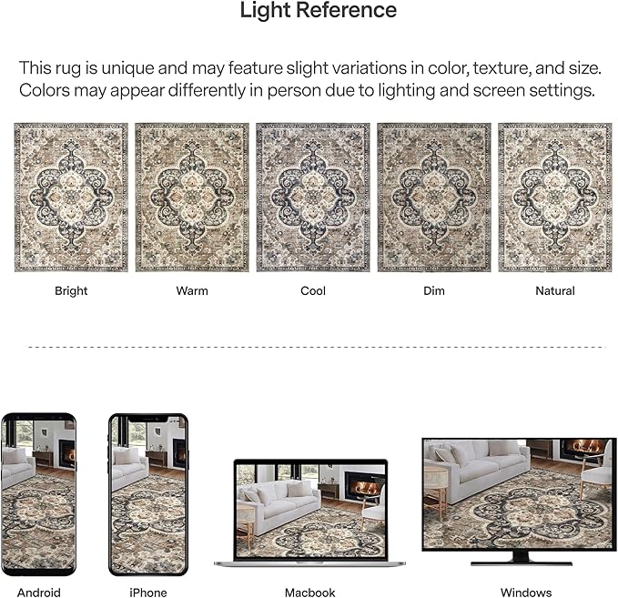 ReaLife Rugs Machine Washable Area Rug Runner - Living Room Bedroom Bathroom Kitchen Entryway Office - Padded Low Pile Stain Resistant Premium - Boho Farmhouse Vintage - Joy - Brown Beige 3' x 5'