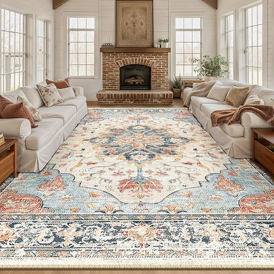 Area Rugs 10'x12' Washable Non-Slip, Floral Vintage Distress Print Pattern Medallion Carpet for Living Room Bedroom Dining Room, Beige Navy Blue Orange Colorful