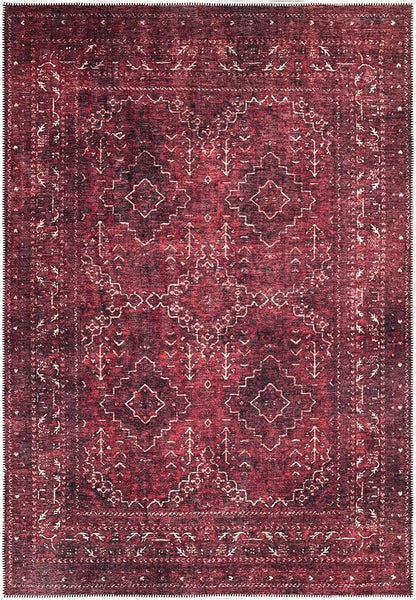Bloom Rugs Washable Non-Slip 4' x 6' Rug - Dark Red Traditional Bordered Area Rug for Living Room, Bedroom, Dining Room, and Kitchen - Exact Size: 4' x 6'