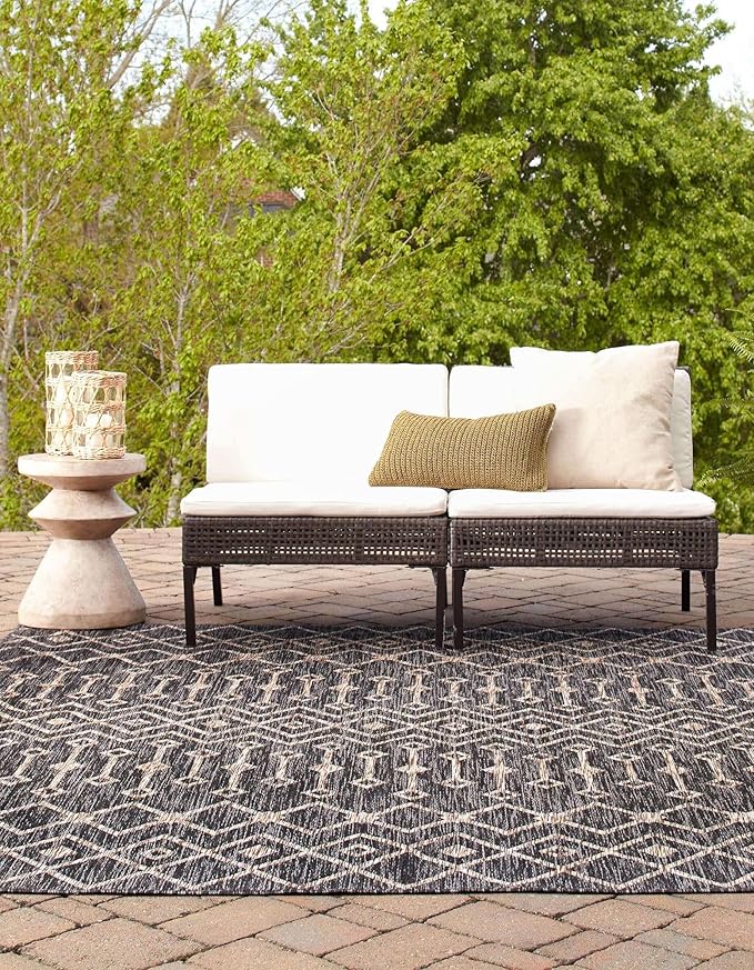 Unique Loom Outdoor Trellis Collection Area Rug - Tribal Trellis (13' Square, Charcoal Gray/ Natural)
