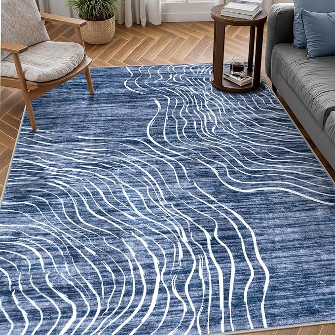LIVEBOX Machine Washable Modern Abstract 6x9 Area Rug, Non Slip Large Bedroom Living Room Nursery Girl Rug Minimalist Wave Striped Neutral Boys Rug, Carpet for Dining Room Playroom(Navy Blue,6'x9')