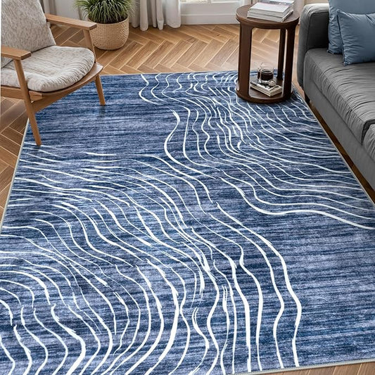 LIVEBOX Machine Washable Modern Abstract 6x9 Area Rug, Non Slip Large Bedroom Living Room Nursery Girl Rug Minimalist Wave Striped Neutral Boys Rug, Carpet for Dining Room Playroom(Navy Blue,6'x9')