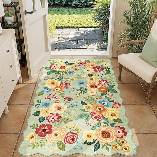 DUKINO 3x5 Area Rug, Floral Non-Slip Indoor Washable Rug with Low Pile & Non-Shedding, Lightwight Boho Design Carpet for Entryway, Bedroom, Kids Room, Living Room, Kitchen, Green