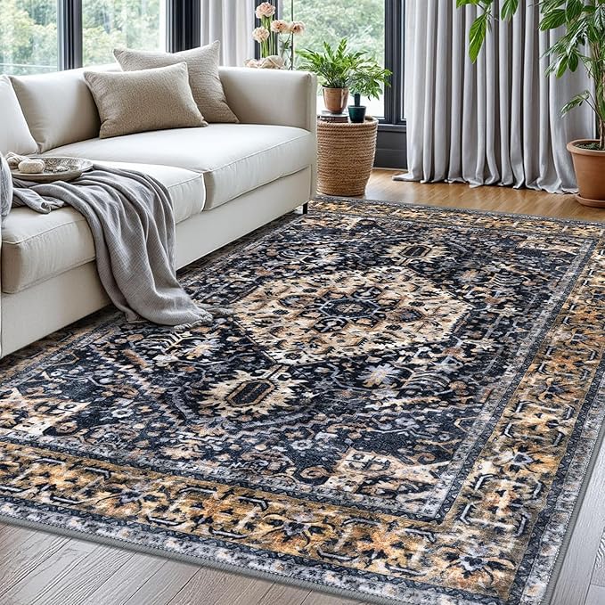 KOZYFLY Boho Area Rug 5x7 Ft Thin Rugs for Living Room Washable Bedroom Rug Non Slip Rugs Gold Navy Printed Faux Wool Vintage Bedroom Rug Floor Carpet for Dining Room Living Room