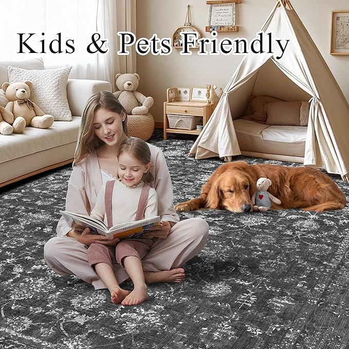 Washable Area Rug 8x10 Black Rugs for Living Room, Vintage Boho Large Rug for Bedroom Dining Room Office, Distressed Floral Print Carpet for Under Table, Soft Non Slip Low Pile Throw Carpet Indoor Mat