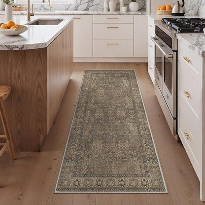 Bavni 2'6''x6 Rug Runners for Hallways, Washable Runner Rug Non Slip, Vintage Floral Print Style Rugs for Bedroom-Lightweight Low Pile Carpet for Hallways Bathroom, Brown