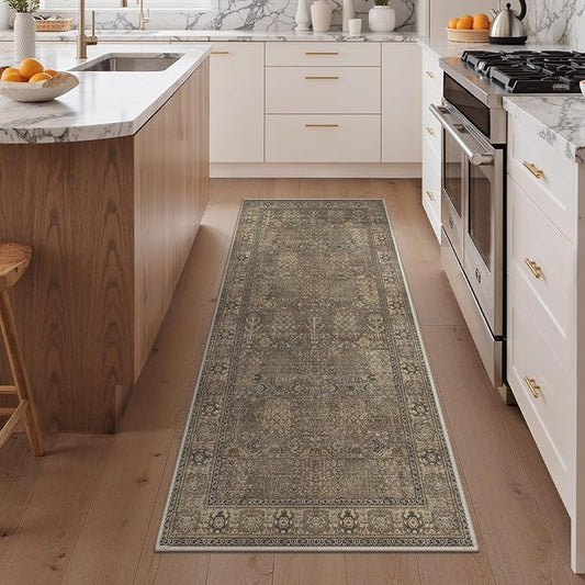 Bavni 2'6''x6 Rug Runners for Hallways, Washable Runner Rug Non Slip, Vintage Floral Print Style Rugs for Bedroom-Lightweight Low Pile Carpet for Hallways Bathroom, Brown