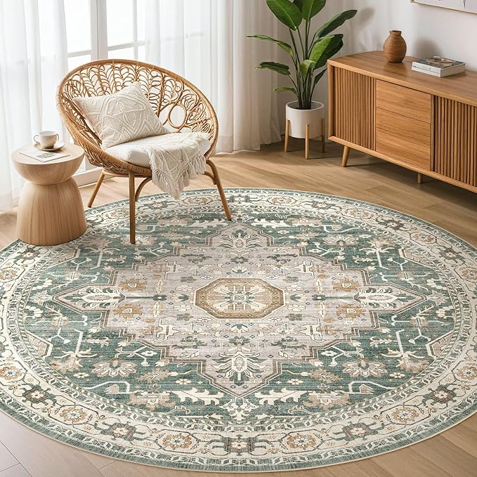 Round Rug Living Room Rugs: 5x5 Washable Boho Neutral Large Circle Soft Indoor Distressed Stain Resistant Floor Farmhouse Carpet for Bedroom Nursery Kids Playroom Office Dining Room Dorm- Green