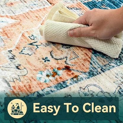 YJ.GWL Area Rugs for Living Room 6x9 Machine Washable Rugs, Non Slip Floral Vintage Rug Indoor Carpet, Stain Resistant Large Rug for Bedroom Dining Room, Dark Blue