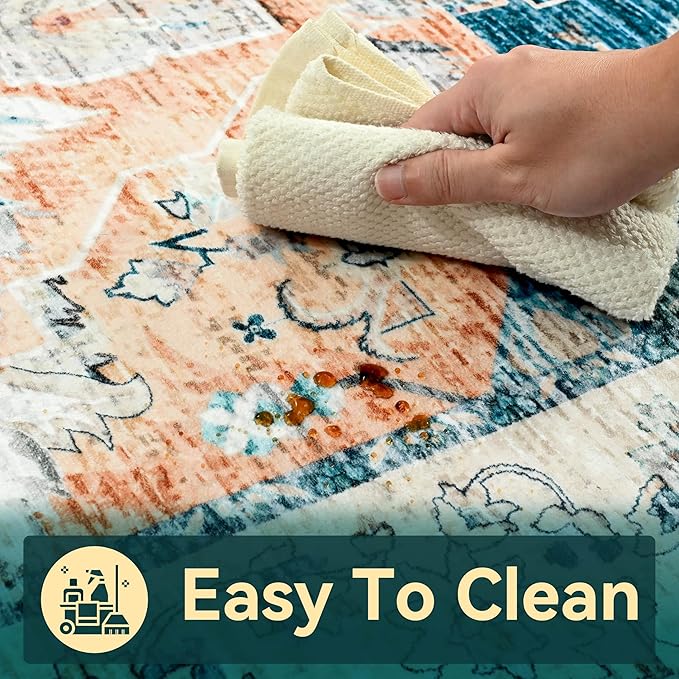 YJ.GWL Area Rugs for Living Room 5x7 Machine Washable Rugs, Non Slip Floral Vintage Rug Indoor Carpet, Stain Resistant Large Rug for Bedroom Dining Room, Dark Blue