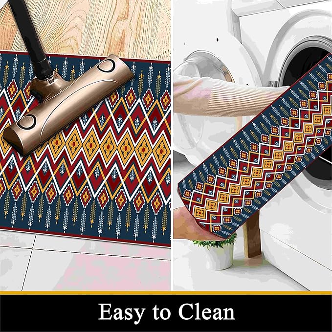 Dark Blue Runner Rug, 2x10ft Red Yello Diamond Hallway Decor Carpet, Corridor & Foyer Long Accent Rug, Entrance Non-Slip Mat Washable Rugs, Southwestern Stylish Home Decor Runner