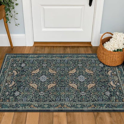 Washable Floral Small 2x4 Thin Door Mats for Inside Entry, Dark Blue Bird Non Slip Kitchen Rug, Low Pile Bathroom Rug, Traditional Carprt for Bedroom Besdide Bed