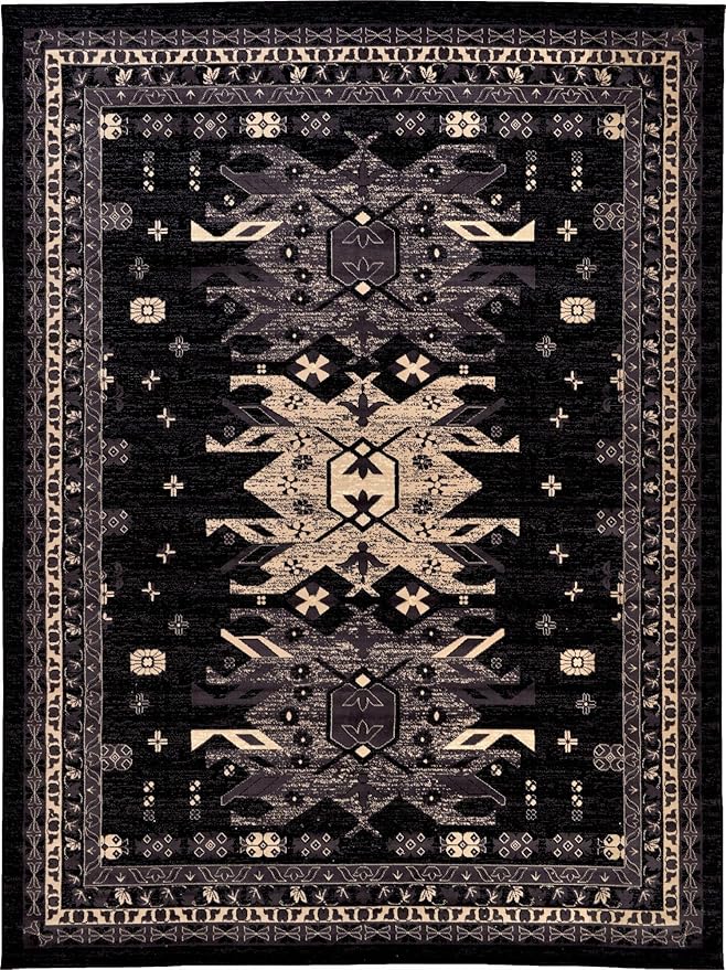 Unique Loom Taftan Collection Border Geometric Tribal Inspired Design Area Rug (9' 10 x 13' 0 Rectangular, Black/ Gray)