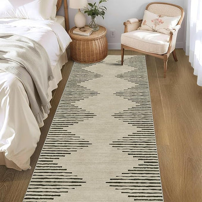 HelloTree Hallway Runner Rug，2.6x8 Moroccan Modern Stripe Carpet Washable Machine Bathroom Runner Bohemian Design Modern Soft Non Slip Indoor Rug for Entryway Hallway Laundry Room Bedroom-Cream