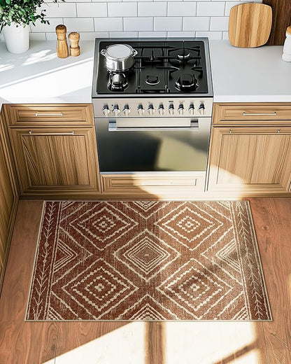 Area Rug 2x4 Rug Machine Washable Non-Slip Low Pile Print Pattern Western Rug for Living Room Bedroom Entryway Tribal Series-Yellowbrown/Cream
