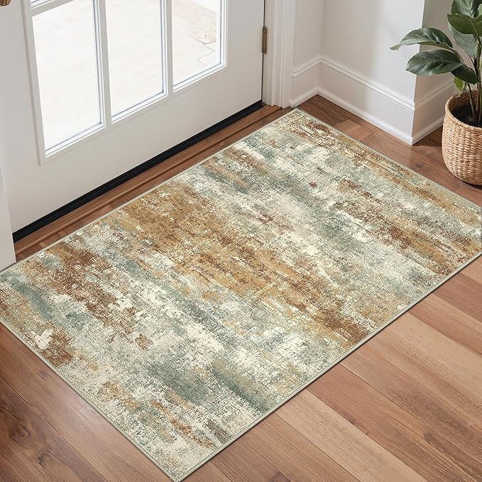 GENIMO 2x3 Rugs for Entryway, Washable Bathroom Kitchen Rugs Non Slip, Modern Abstract Soft Small Area Rug Indoor, Low Pile Throw Carpet, Orange Green