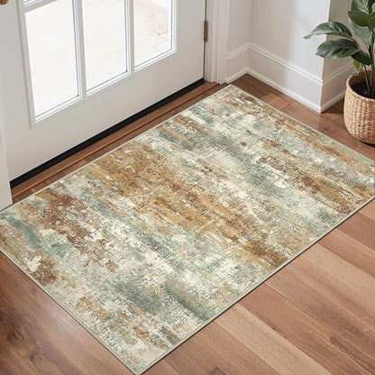 GENIMO 2x3 Rugs for Entryway, Washable Bathroom Kitchen Rugs Non Slip, Modern Abstract Soft Small Area Rug Indoor, Low Pile Throw Carpet, Orange Green