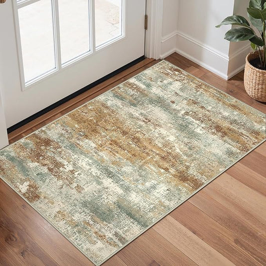 GENIMO 2x3 Rugs for Entryway, Washable Bathroom Kitchen Rugs Non Slip, Modern Abstract Soft Small Area Rug Indoor, Low Pile Throw Carpet, Orange Green