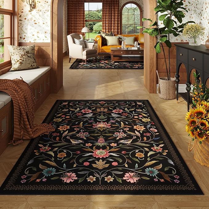Vintage Medallion Floral 4x6 Rug, Machine Washable Non-Slip Area Rug, Low Pile Soft Carpet for Entry, Living Room, Office, Kids, Girl/Boys Room | Black