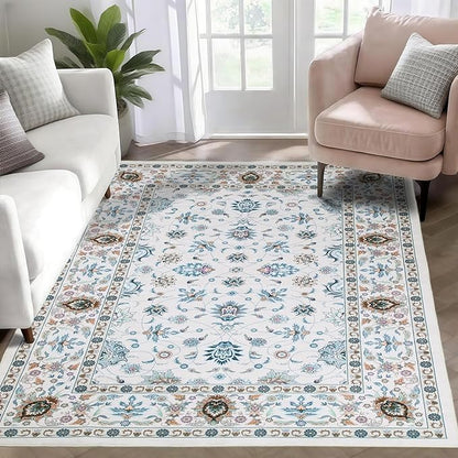 WILLSUN Washable Area Rugs, 4x6 Non-Slip Boho Large Area Rugs for Living Room, Bedroom, Machine Washable Vintage Rug, Indoor Floral Print Carpet for Home Decor, Kid & Pet Friendly Mat