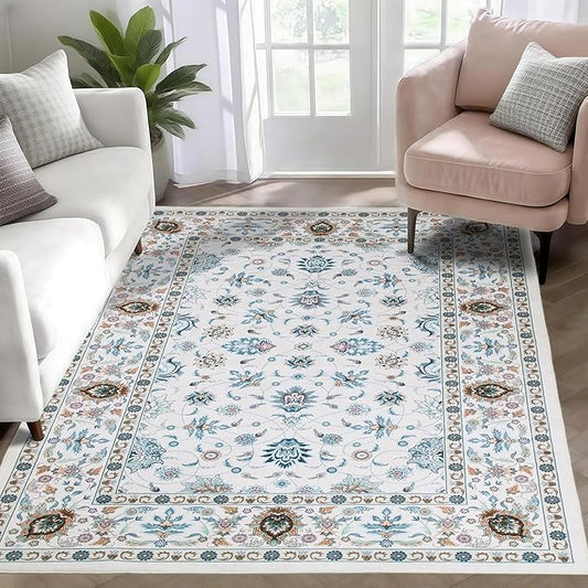 WILLSUN Washable Area Rugs, 4x6 Non-Slip Boho Large Area Rugs for Living Room, Bedroom, Machine Washable Vintage Rug, Indoor Floral Print Carpet for Home Decor, Kid & Pet Friendly Mat