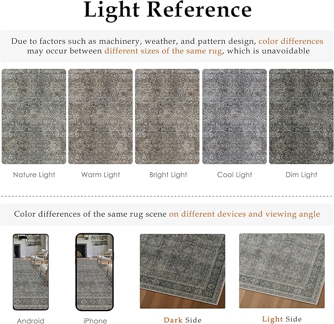 Vintage Area Rug 6x9 Grey Brown Washable Living Room Large Carpet Non Slip Bedroom Indoor Office Low Pile Traditional Distressed Retro Accent Rug for Dining Room Kitchen