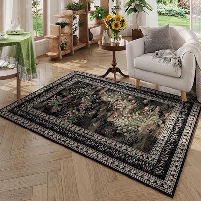 Rugcomf 3x5 Washable Rug Impressionist-Style Vintage Non Slip Low Pile Small Carpet for Bedroom Bedside Kitchen Entryway Kids Room Office College Dorm Essentials for Girls, Black