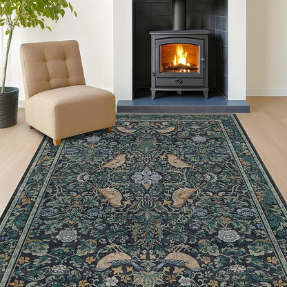 Cottagecore 5x7 Blue Rugs for Bedroom, Washable Forest Area Rug for Dining Room Under Table, Carpet for Living Room, Non Slip & Low Pile Soft Rug (Navy Blue & Deep Teal)