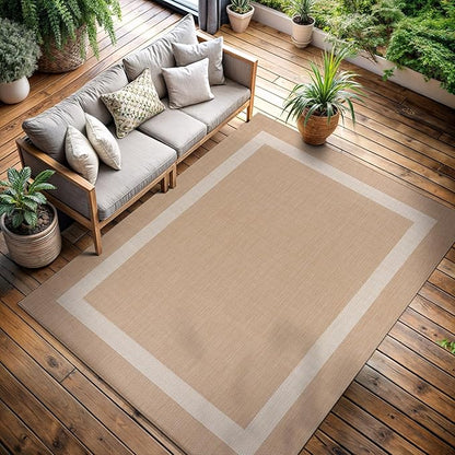 CAMILSON Outdoor Rug 8x10, Modern Outside Rugs for Patios Porches Waterproof Durable Washable Non-Shedding, Easy-to-Clean Indoor Outdoor Area Carpet (8 x 10, Bordered - Beige/White)