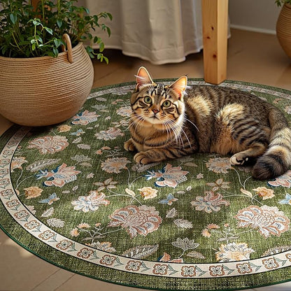 jinchan Elora 5ft Floral Round Rug for Entryway Washable Kitchen Rug Vintage Romance Design Non Slip Indoor Doormat Lightweight Low-Profile Throw Carpet for Living Room Dining Room Bedroom, Green